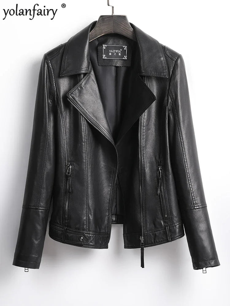 Women's Jacket Spring 2022 100% Sheepskin Jacket Woman Genuine Leather Women's Coat Black Motorcycle Jackets Chaquetas Xhl368