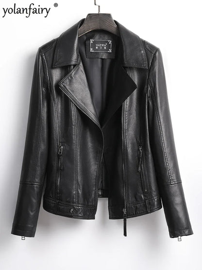 Women's Jacket Spring 2022 100% Sheepskin Jacket Woman Genuine Leather Women's Coat Black Motorcycle Jackets Chaquetas Xhl368