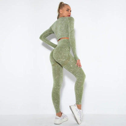 Women Seamless Tracksuit Yoga Set 2PCS Workout Clothes Athletic Wear Gym Legging Fitness Bra Crop Top Long Sleeve Sports Suits