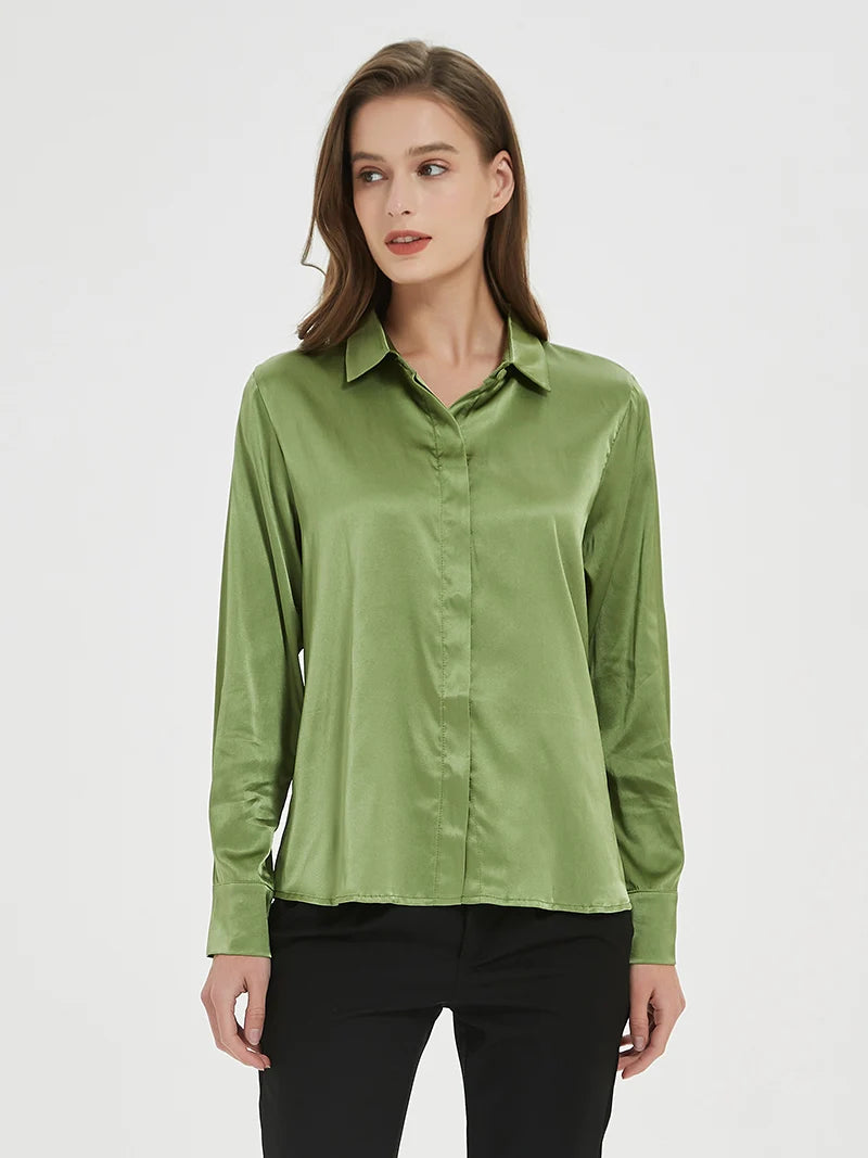 SuyaDream Woman Solid Shirts 93%Real Silk 7%Spandex Long Sleeves Chic Blouses, 2025 Spring Autumn Office Lady Top