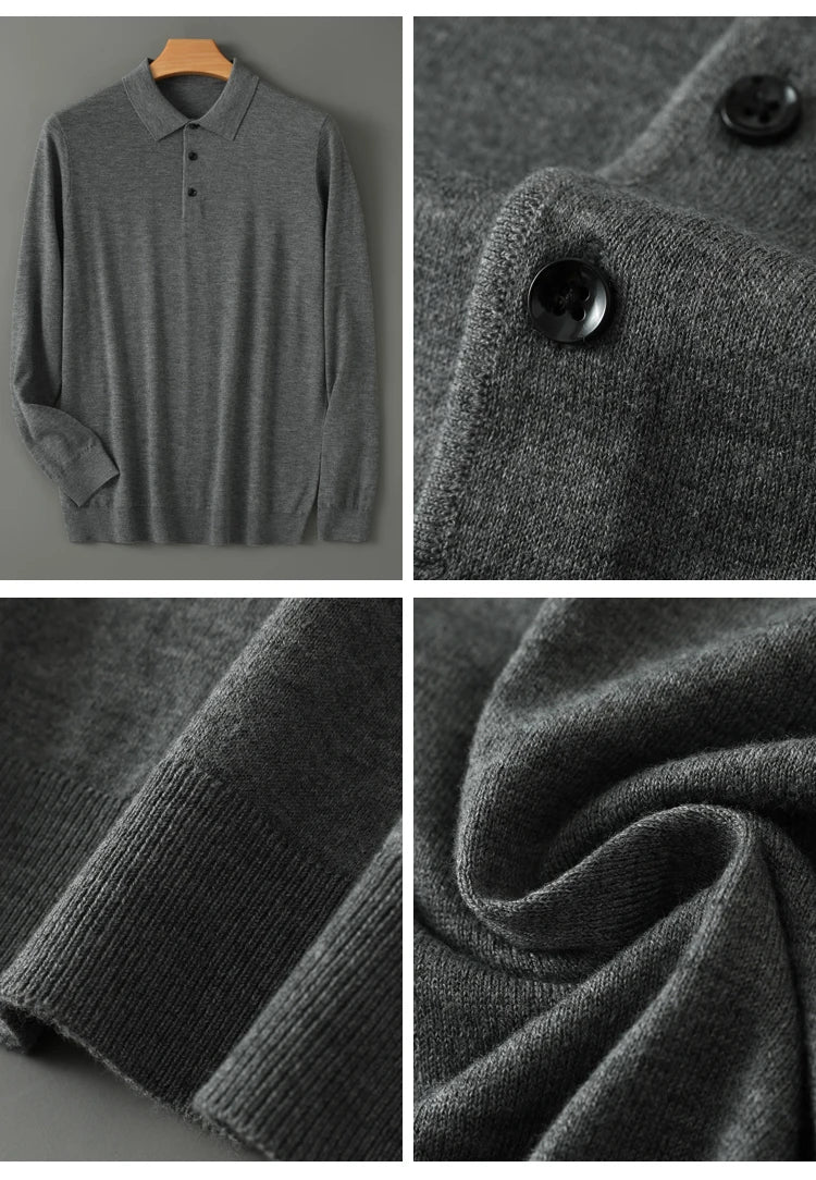 Men's Merino Wool Sweater Polo Collar Pullover Autumn Winter New Cashmere Knitwear Casual Loose Men's Shirts Tops Warm Soft