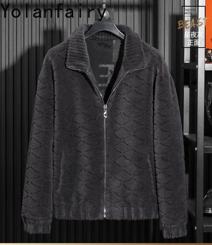 YOLANFAIRY Winter 100% Sheep Shearing Jacket Man Clothing Fashion Stand Collar Granular Lamb Fur Coat Men's Jackets chaqueta