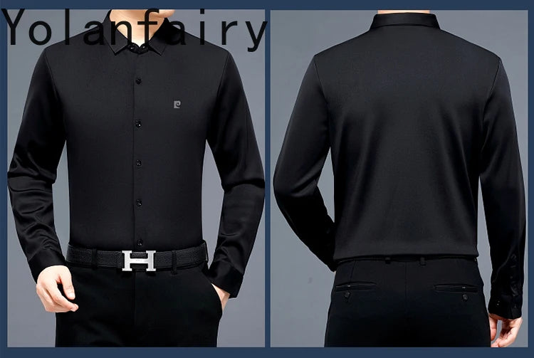 YOLANFAIRY 100% Mulberry Silk Long Sleeve Shirt Man Spring Autumn Casual Silk Mens Shirts Warm Male White Shirt chemises hommes
