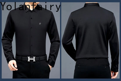 YOLANFAIRY 100% Mulberry Silk Long Sleeve Shirt Man Spring Autumn Casual Silk Mens Shirts Warm Male White Shirt chemises hommes