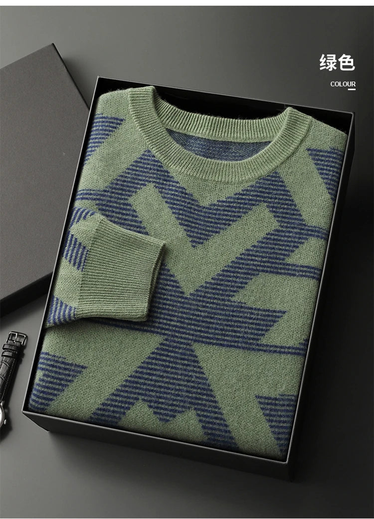 Men's Autumn Winter New 100% Cashmere O-Neck Sweater Fashion Knitted Jacquard Pullover Top Color blocked Thickened Men's Wear