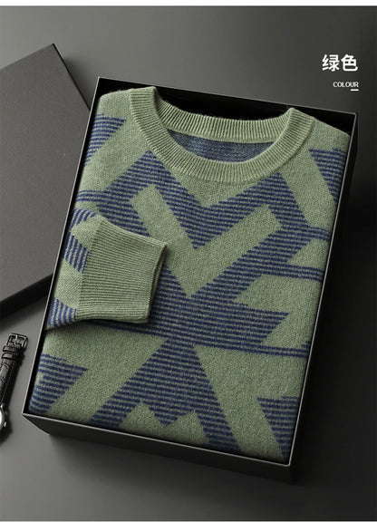 Men's Autumn Winter New 100% Cashmere O-Neck Sweater Fashion Knitted Jacquard Pullover Top Color blocked Thickened Men's Wear