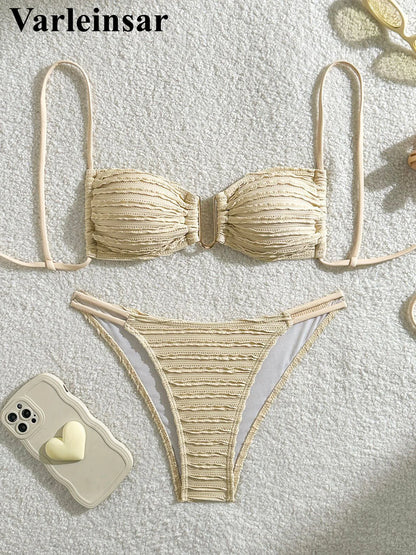 U Neck Wrinkled Crinkled Bikini Women Swimwear Female Swimsuit Two-pieces Bikini set High Cut Bather Bathing Suit Swim V5708B