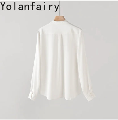 YOLANFAIRY 93% Natural Mulberry Silk Shirts Woman 2026 Stand Collar Long Sleeve Blouse Women Elegant White Shirt OL Ladies Tops