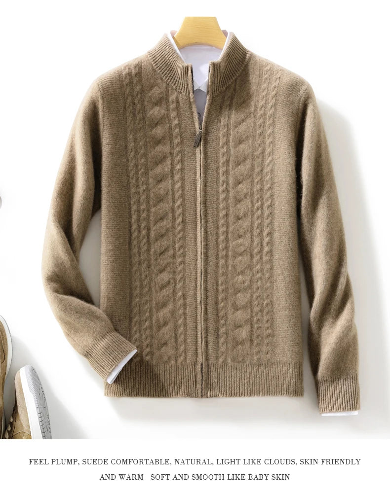 High Quality Men Mock Collar Twisted Cardigan Autumn Winter Thick Zipper 100% Merino Wool Sweater Casual Coat Cashmere Knitwear