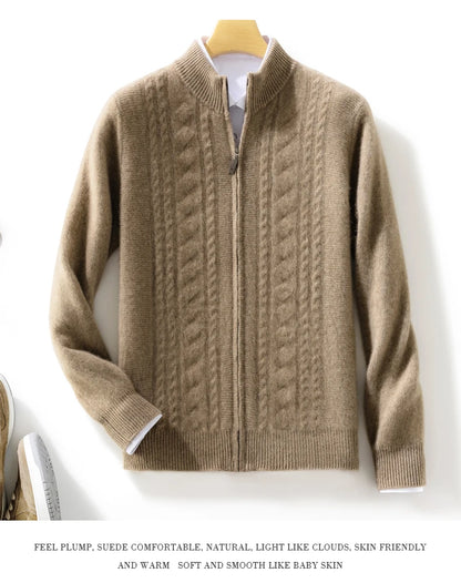 High Quality Men Mock Collar Twisted Cardigan Autumn Winter Thick Zipper 100% Merino Wool Sweater Casual Coat Cashmere Knitwear