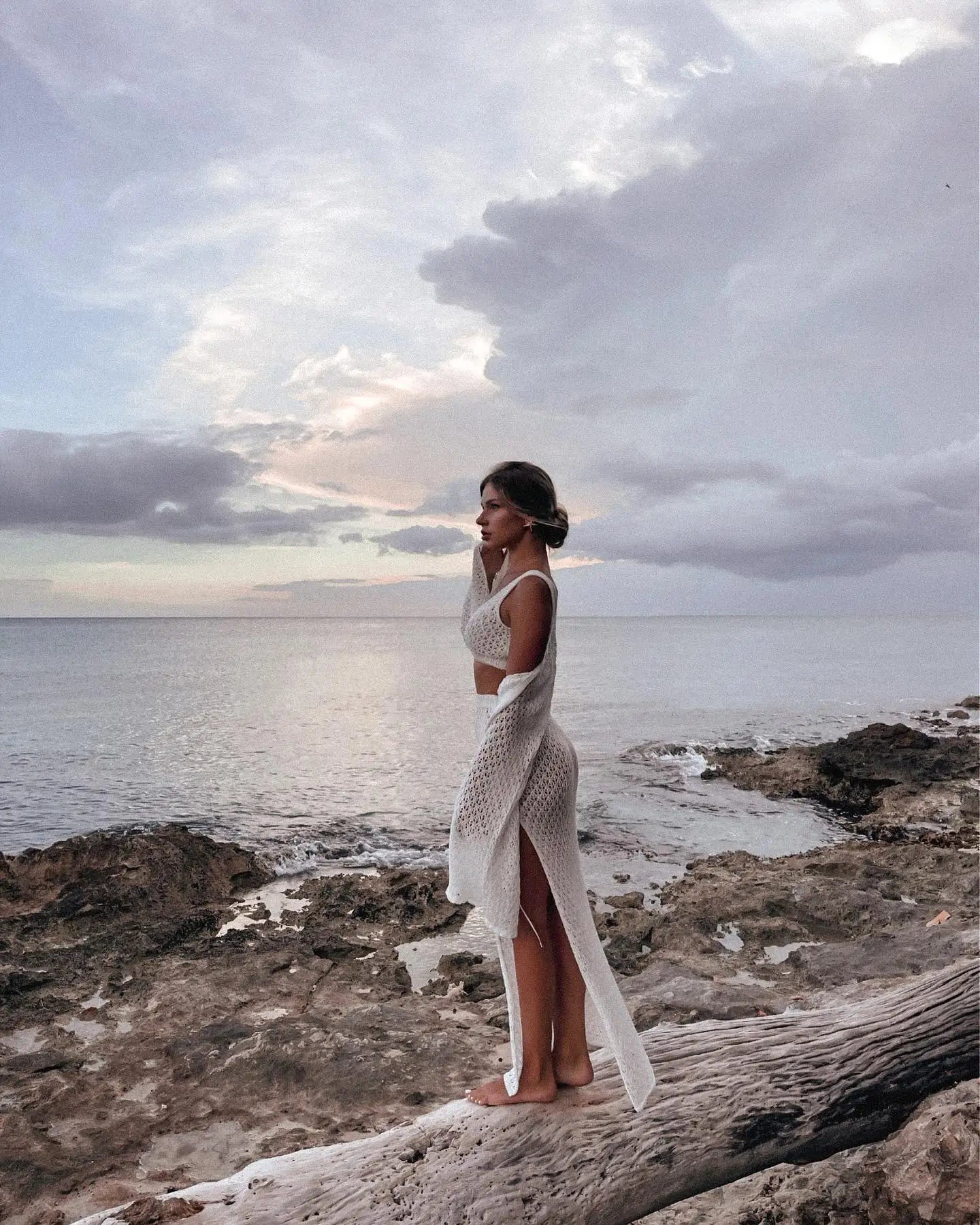 Sexy Knit Set White Cut Out Swimsuit Cover Up 2026 Women's Summer Bell Sleeve Lace-up Loose Top Beach Half Skirt Two-piece K136