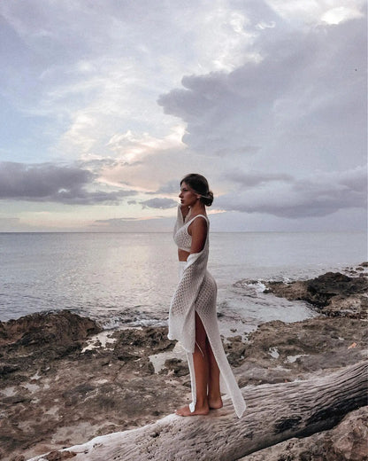 Sexy Knit Set White Cut Out Swimsuit Cover Up 2026 Women's Summer Bell Sleeve Lace-up Loose Top Beach Half Skirt Two-piece K136