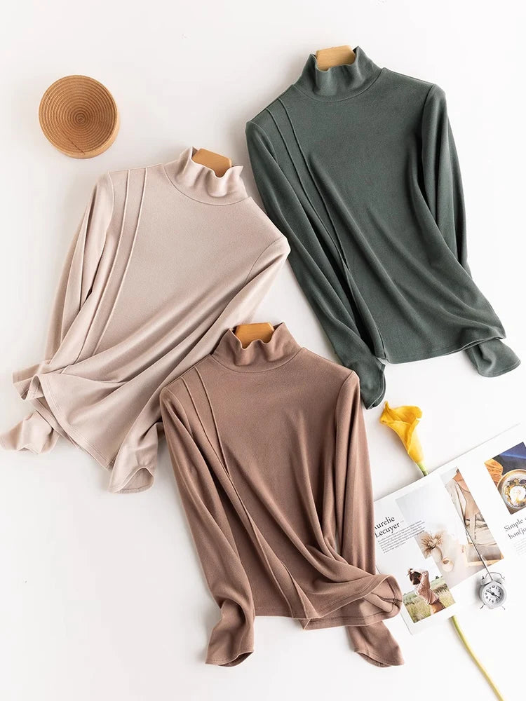 SuyaDream Women's Wool Blend Turtleneck Thermal T-Shirt, High Collar Basic Slim Tee, 2025 Fall Winter Simple Top
