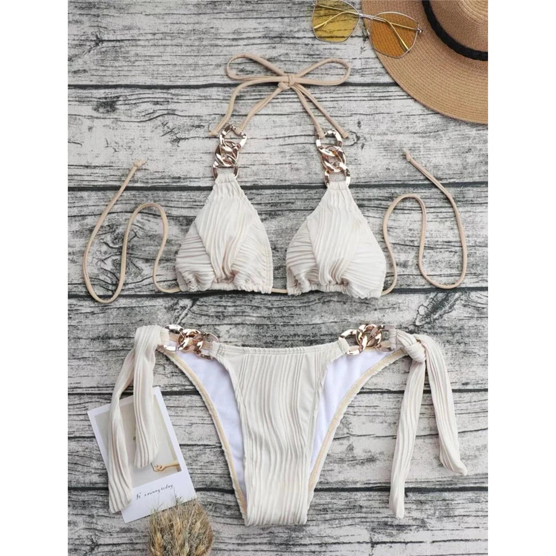 Metal Rings Halter Wrinkled Bikini Female Swimsuit Women Swimwear Two-pieces Bikini set Bather Bathing Suit Swim Lady V4149SW