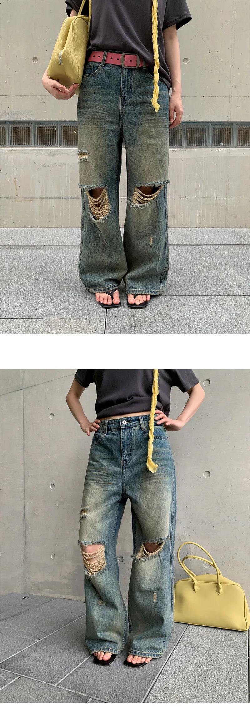 DEAT Fashion Destroyed Straight Leg Jeans Women's High Waist Light Blue Wide Leg Denim Pants Summer New 7A4549