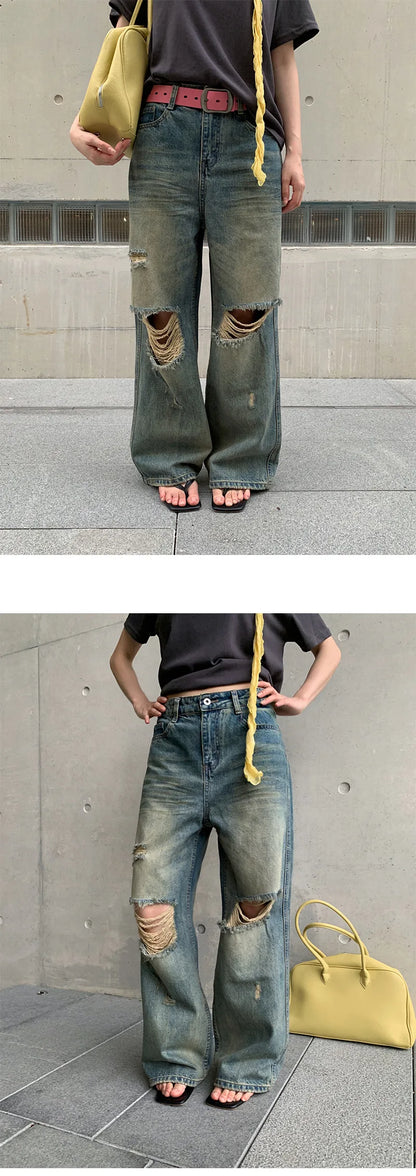 DEAT Fashion Destroyed Straight Leg Jeans Women's High Waist Light Blue Wide Leg Denim Pants Summer New 7A4549