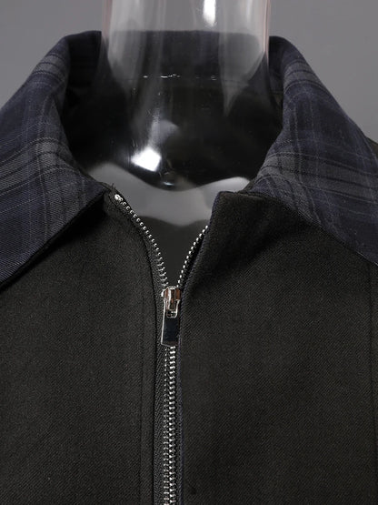 DEAT Fashion Cropped Bomber Jacket Women's Plaid Collar Loose Black Zipper Outerwear Short Coat Spring Autumn New