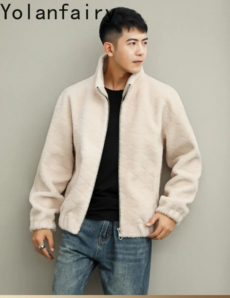 YOLANFAIRY Winter 100% Sheep Shearing Jacket Man Clothing Fashion Stand Collar Granular Lamb Fur Coat Men's Jackets chaqueta