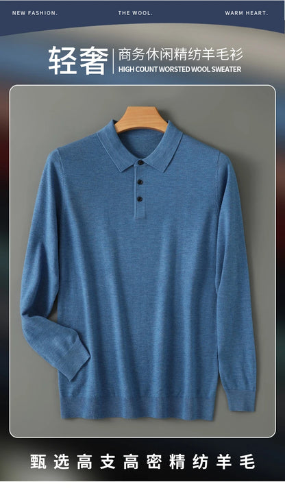 Men's Merino Wool Sweater Polo Collar Pullover Autumn Winter New Cashmere Knitwear Casual Loose Men's Shirts Tops Warm Soft