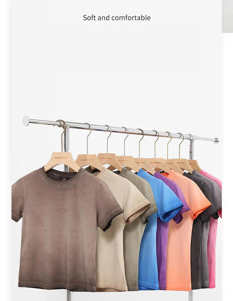 Female 240GSM Gradient Washed Custom LOGO Solid Slim  T-Shirt Soft Cotton Streetwear Casual Short Sleeve Cool Retro For Women