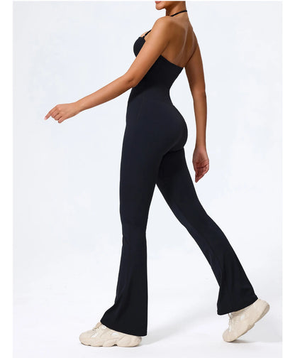 New Summer Women Sleeveless Hang Neck Jumpsuit Backless Flared Activewear Female Yoga Clothes Sport Outfit For Woman Overalls