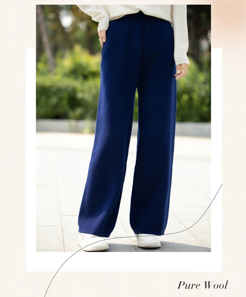 DjzDsm Women's 100% Merino Wool Wide Leg Straight Leg Pants Autumn Winter Thickened Comfortable Fit Trousers