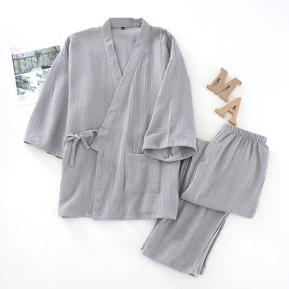 2026 Japanese Kimono Set 100%Cotton Pajamas Two-piece Couple Yukata Loose Men's And Women's Sweat Steaming Suit Home Service Set
