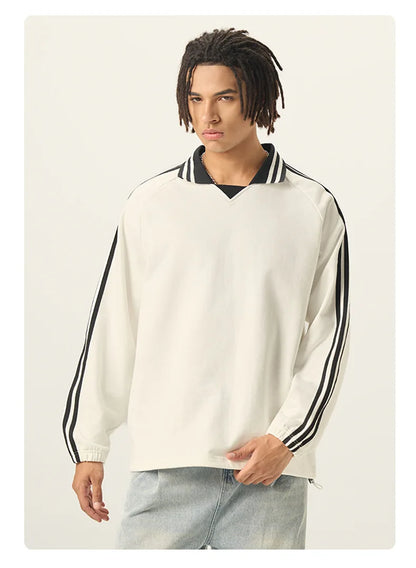 Custom LOGO men's American striped 100% cotton sweater 380G college style contrasting color lapel couple commuter sweater