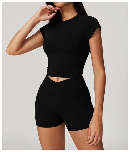 2 Pieces Yoga Set Gym Clothes Sportswear Yoga Suits For Women Fitness Short Sleeve Crop Top Tracksuits Sports Bra Gym Leggings