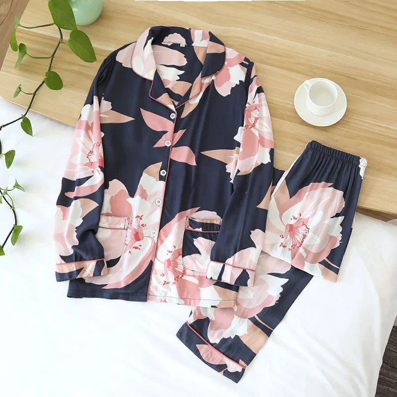 Spring and summer new 100% viscose pajamas two-piece long-sleeved trousers women's flowers comfortable plus size homewear suit