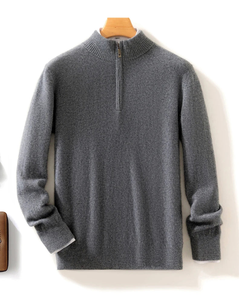 High-end 100% Cashmere Pullover for Men Mock Collar Thick Sweater Autumn Winter Knitted Jumper Warm Clothing Smart Casual Top