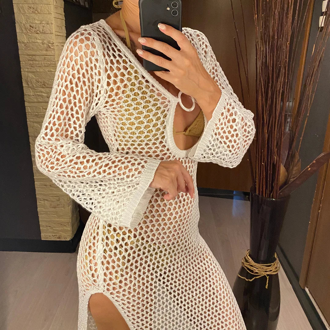 Sexy Hollow Out Long Sleeve Crochet Knitted Tunic Beach Dress Beach Wear Beachwear Beach Cover Up Cover-upsFemale Women V5567