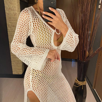 Sexy Hollow Out Long Sleeve Crochet Knitted Tunic Beach Dress Beach Wear Beachwear Beach Cover Up Cover-upsFemale Women V5567