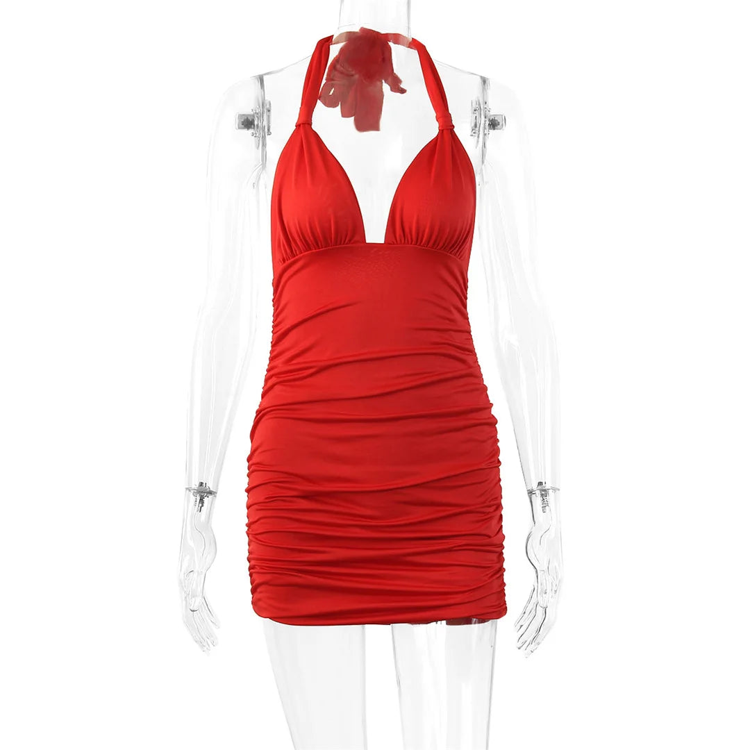Sexy Deep V  Ruffle Halter Dress 2026 Summer Wrinkled Short Evening Party Dress For Women Tight Club Mini Dress Clubwear VD043