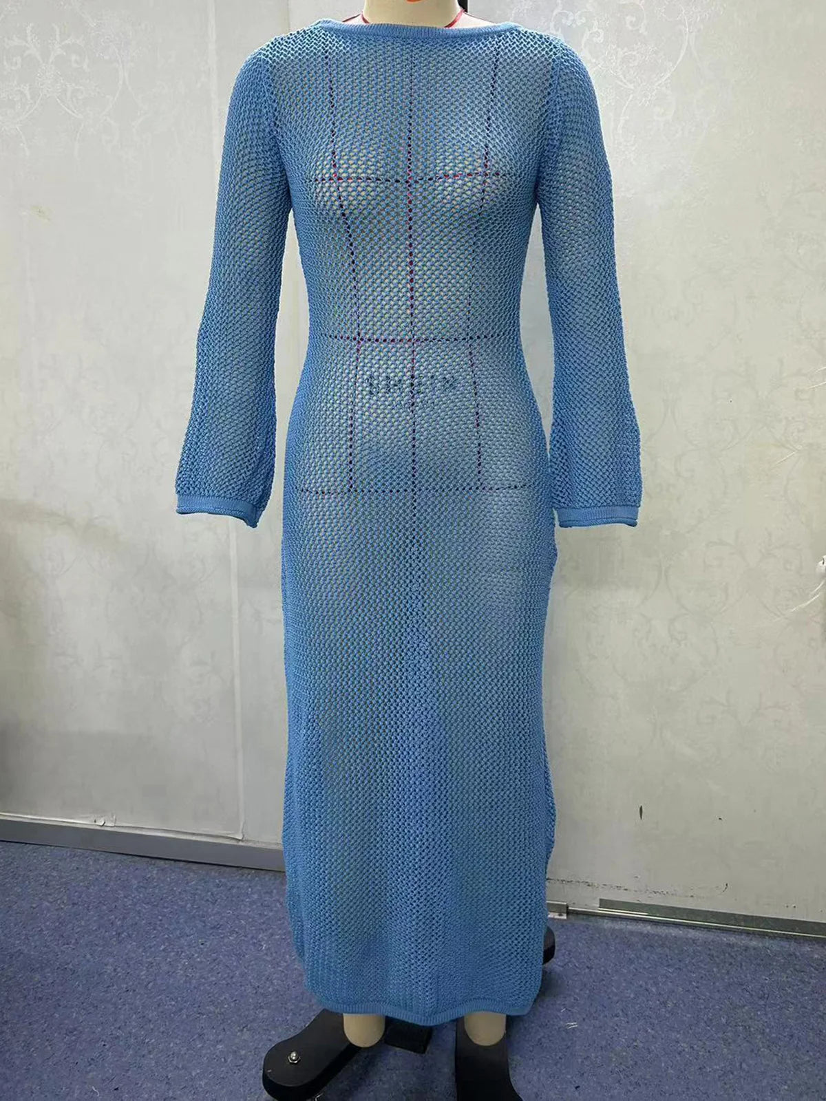 Sexy Long Sleeve Hollow Out Crochet Knitted Tunic Beach Cover Up Cover-ups Beach Dress Beach Wear Beachwear Female Women V5319
