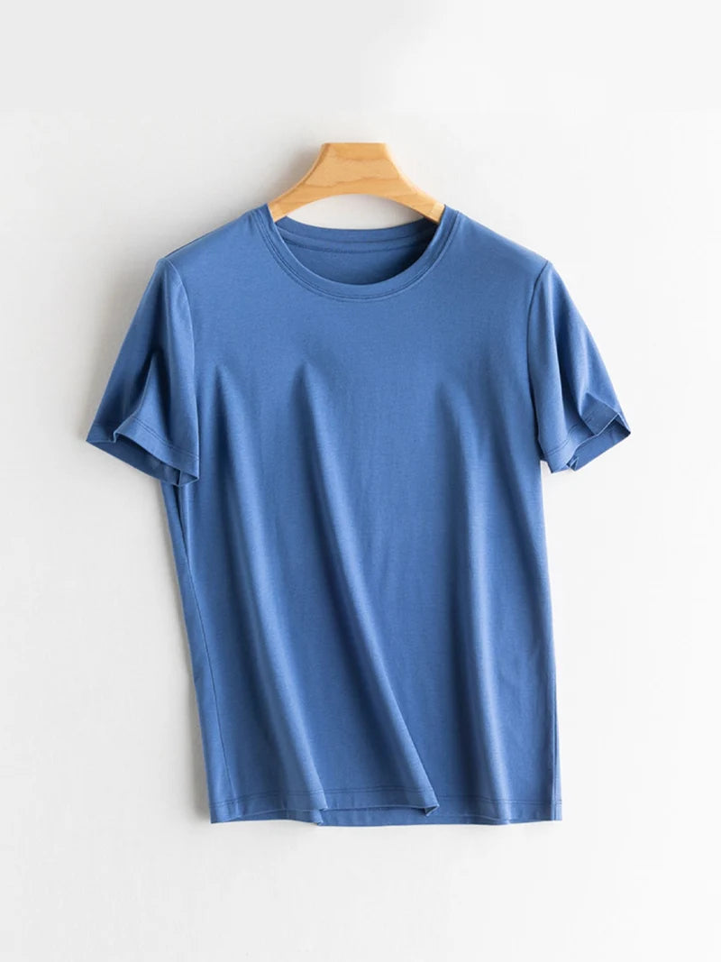 SuyaDream Women Solid T shirts, Silk Cotton Blend, O Neck, Short Sleeved Solid Tee,2025 Summer Candy Colors Basic Cozy Top Green