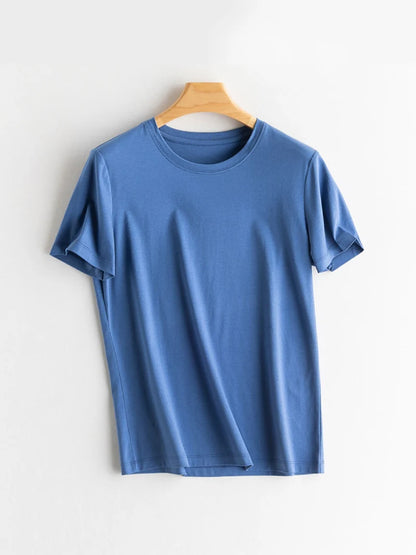 SuyaDream Women Solid T shirts, Silk Cotton Blend, O Neck, Short Sleeved Solid Tee,2025 Summer Candy Colors Basic Cozy Top Green