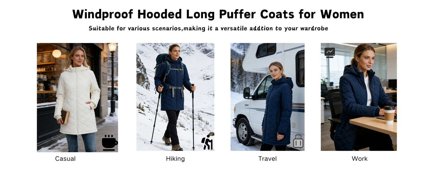 TACVASEN Womens Long Quilted Puffer Hood Jackets Winter Lightweight Warm Insulated Coat Windproof Waterproof Parkas with Pockets