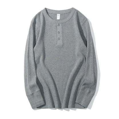 New Waffle Henry Collar Men Heavy Cotton T-shirt American Retro Fitness Solid Long-sleeved Bottoming Shirt Thick Soft Tshirts