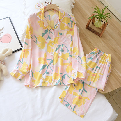Spring and summer new 100% viscose pajamas two-piece long-sleeved trousers women's flowers comfortable plus size homewear suit