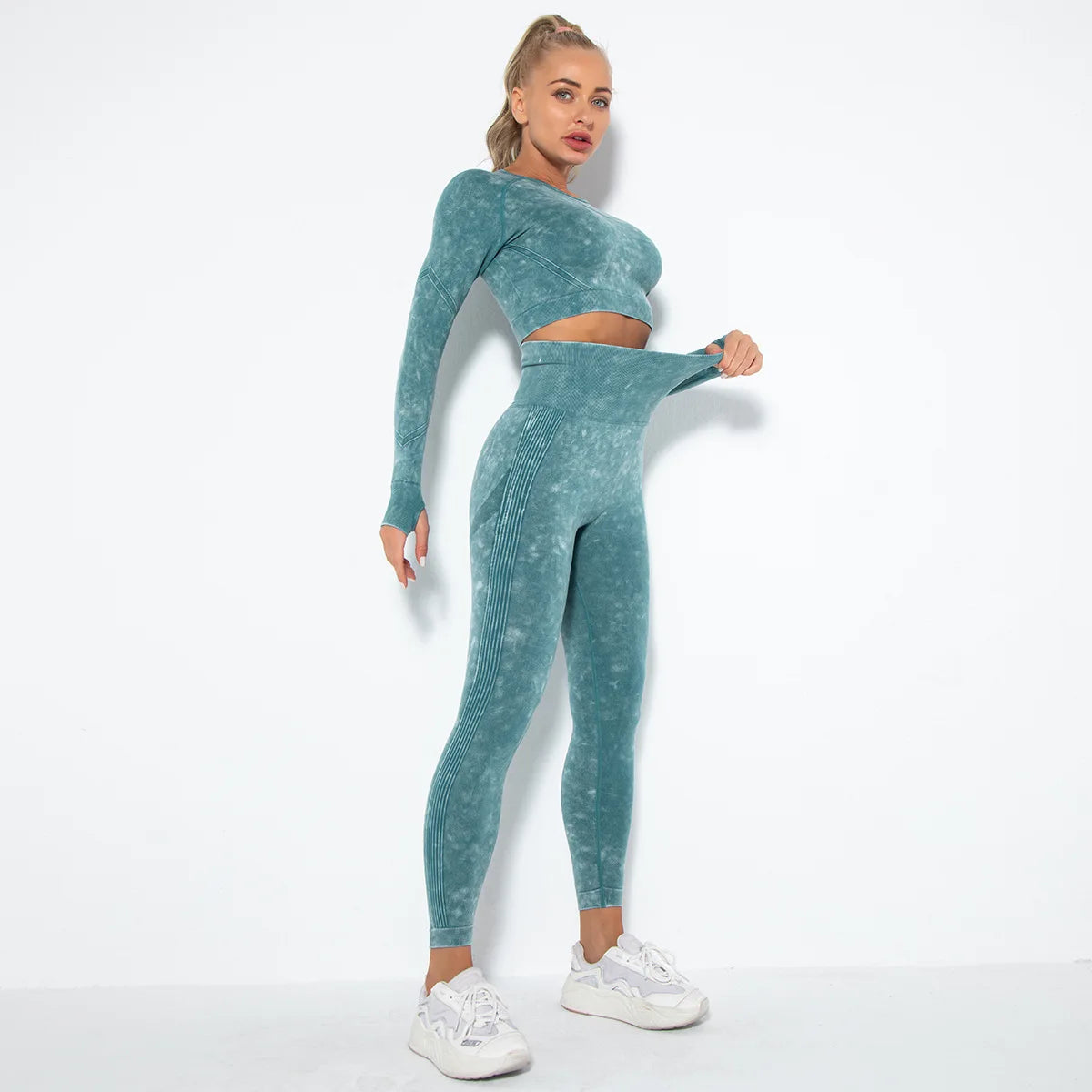 Women Seamless Tracksuit Yoga Set 2PCS Workout Clothes Athletic Wear Gym Legging Fitness Bra Crop Top Long Sleeve Sports Suits