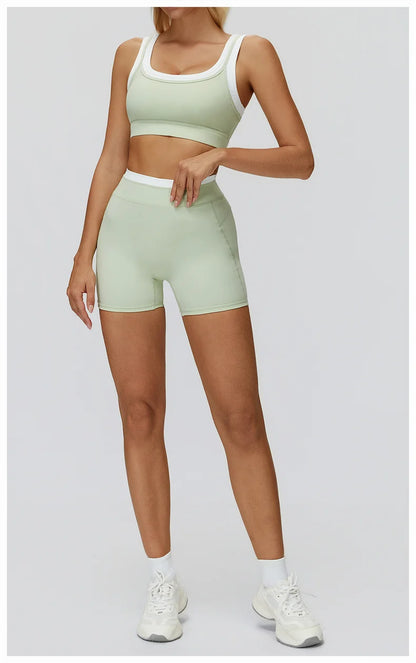 TRY TO BN Yoga Shorts Sets Women's Tracksuit Two Fake Pieces Sports Ribbed Contrasting Color Workout Running Fitness Gym Clothes