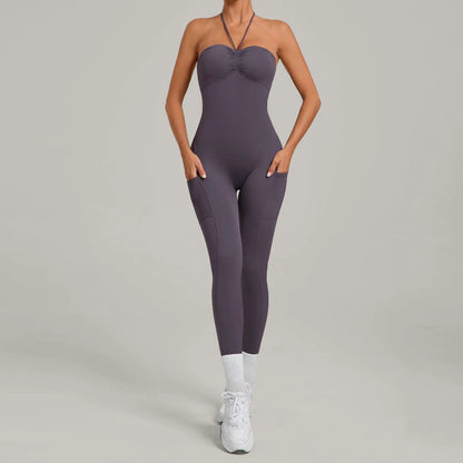 Women's Yoga Jumpsuits Sports Fitness One-piece Beauty Back Strap Pocket Hip-lifting Slim Fit Running Workout Training Bodysuits