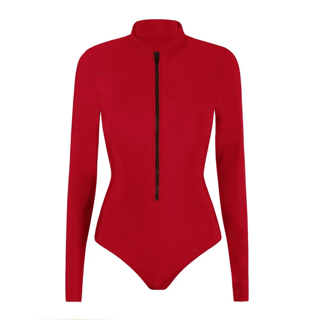 S - 2XL 4 Colors Long Sleeve With Zipper Surf Rash Guard One Piece Swimsuit Women Swimwear Female Bather Bathing Suit Swim V6266