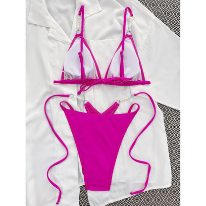 Sexy Halter Pearls Strappy Bikini Female Swimsuit Women Swimwear Two-pieces Bikini set High Cut Bather Bathing Suit Swim V5473