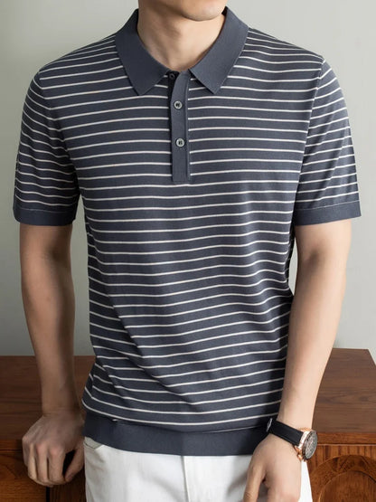 Men's Lyocell shirt summer new casual striped short sleeved T-shirt Polo collar breathable comfortable knitted pullover