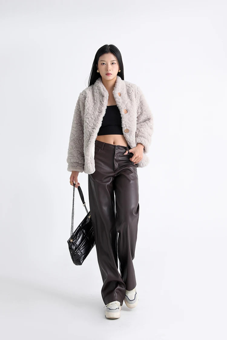 BIVIGAOS Fall Winter Fleece Loose Wide Leg Warm Leather Pants Women Button Pocket High Waist Thick PU Casual Straight Pants