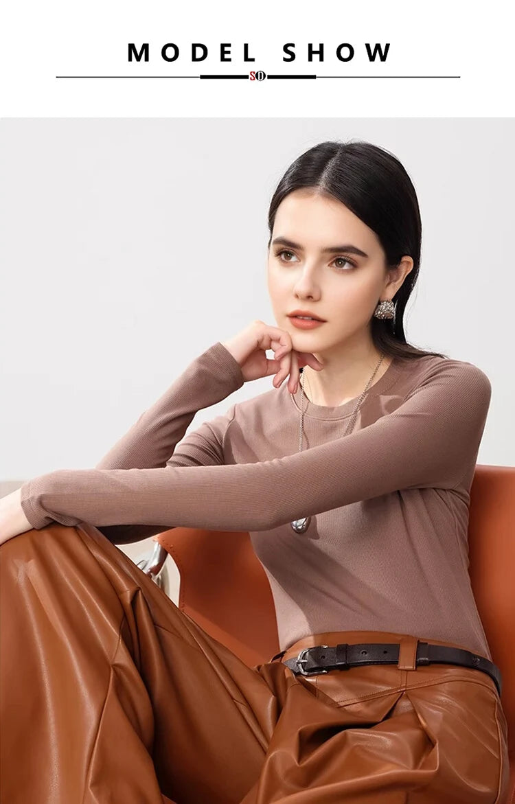 SuyaDream, Women Bottoming T Shirt, Silk Viscose Blend, Long Sleeves, Solid Basic Thermal  Shirt, 2024 Autumn Winter Top