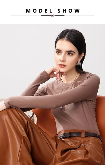 SuyaDream, Women Bottoming T Shirt, Silk Viscose Blend, Long Sleeves, Solid Basic Thermal  Shirt, 2024 Autumn Winter Top