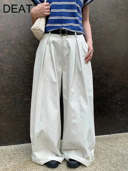 DEAT Fashion Pleated High Waisted Wide Leg Pants Women's Front Seam Straight Leg Beige Loose Trousers Summer New 7A4548